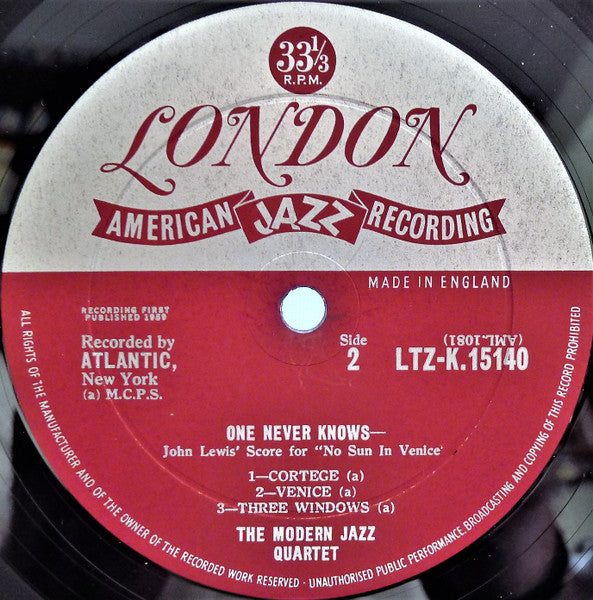The Modern Jazz Quartet : Plays One Never Knows (Original Film Score For “No Sun In Venice” by John Lewis) (LP, Mono)