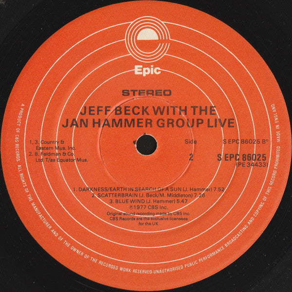 Jeff Beck With The Jan Hammer Group : Live (LP, Album)