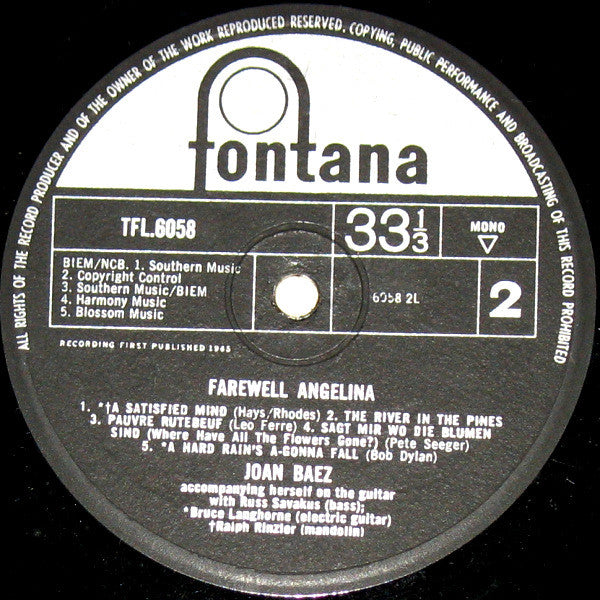 Joan Baez : Farewell Angelina (LP, Album, Mono)