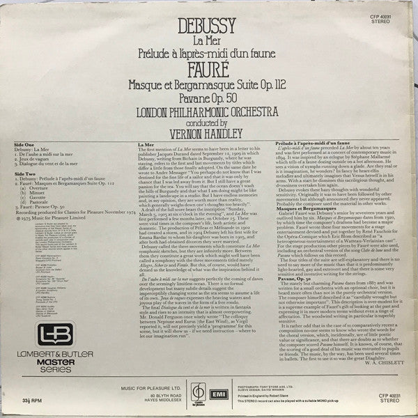 Debussy*, Fauré*, London Philharmonic Orchestra Conducted By Vernon Handley : La Mer / Prélude à L'après Midi D'un Faune / Pavane / Masques Et Bergamasques Suite (LP, RE)