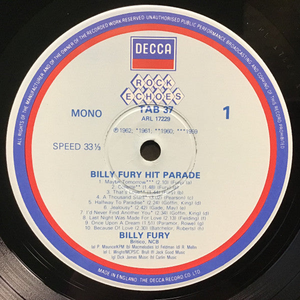 Billy Fury : The Billy Fury Hit Parade (LP, Comp, Mono)