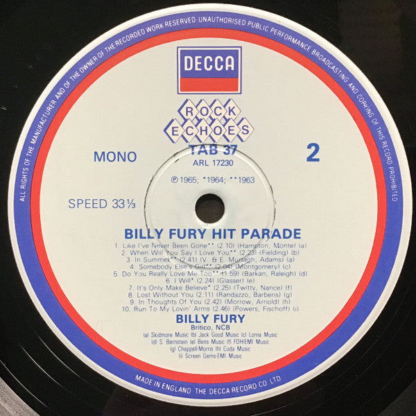 Billy Fury : The Billy Fury Hit Parade (LP, Comp, Mono)