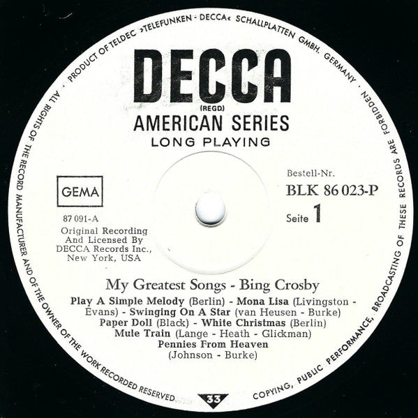 Bing Crosby : My Greatest Songs (LP, Comp, Mono)