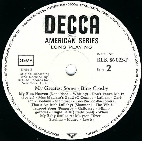 Bing Crosby : My Greatest Songs (LP, Comp, Mono)