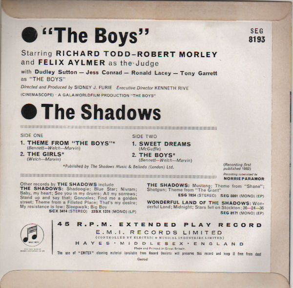 The Shadows : Theme Music From "The Boys" (7", EP, Mono)