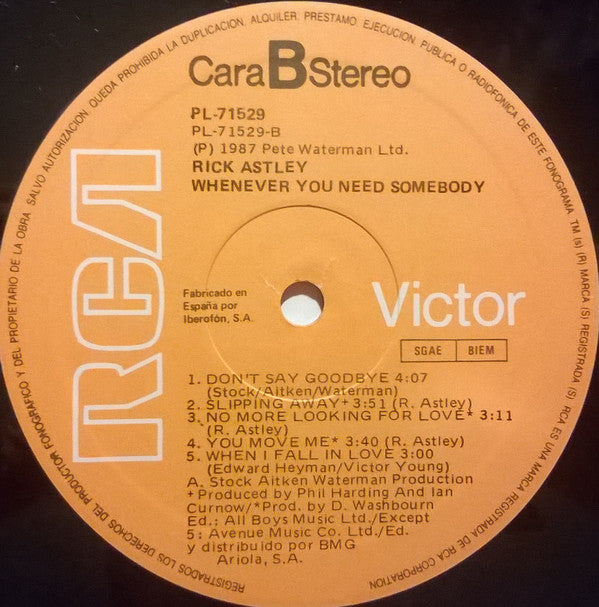 Rick Astley : Whenever You Need Somebody (LP, Album)