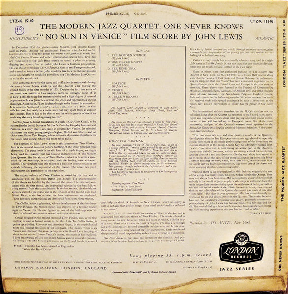 The Modern Jazz Quartet : Plays One Never Knows (Original Film Score For “No Sun In Venice” by John Lewis) (LP, Mono)
