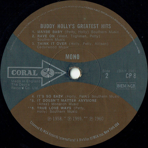 Buddy Holly : Buddy Holly's Greatest Hits (LP, Comp, Mono, RP, Bro)