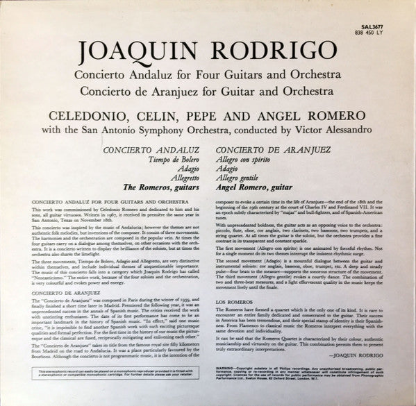 Rodrigo* / The Romeros, San Antonio Symphony Orchestra Conducted By Victor Alessandro : Concierto Andaluz For Four Guitars & Orchestra / Concierto De Aranjuez For Guitar & Orchestra (LP, Album)
