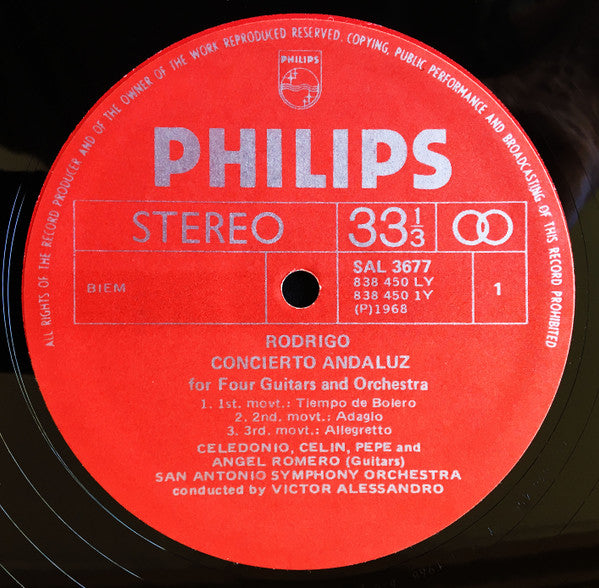 Rodrigo* / The Romeros, San Antonio Symphony Orchestra Conducted By Victor Alessandro : Concierto Andaluz For Four Guitars & Orchestra / Concierto De Aranjuez For Guitar & Orchestra (LP, Album)