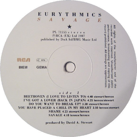 Eurythmics : Savage (LP, Album, Pos)