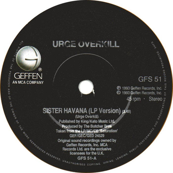 Urge Overkill : Sister Havana (7", Single, Ora)