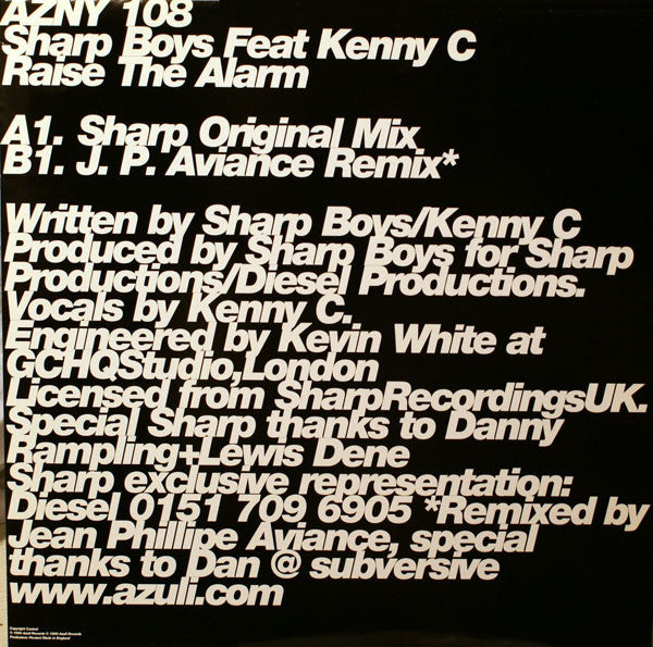 Sharp Boys* Feat. Kenny C : Raise The Alarm (Sharp / JP Aviance Mixes) (12")