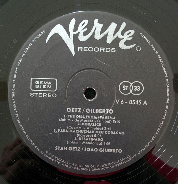 Stan Getz / João Gilberto Featuring Antonio Carlos Jobim : Getz / Gilberto (LP, Album, RE, Gat)