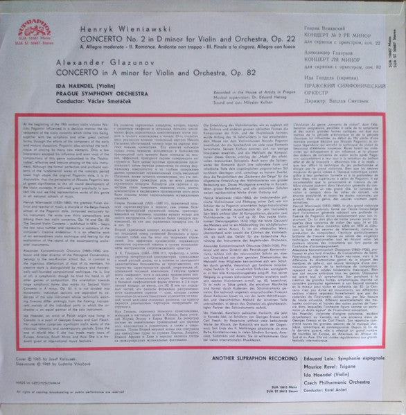 Henryk Wieniawski / Alexander Glazunov - Ida Haendel : Violin Concerto No. 2 In D Minor / Violin Concerto In A Minor (LP, RP)