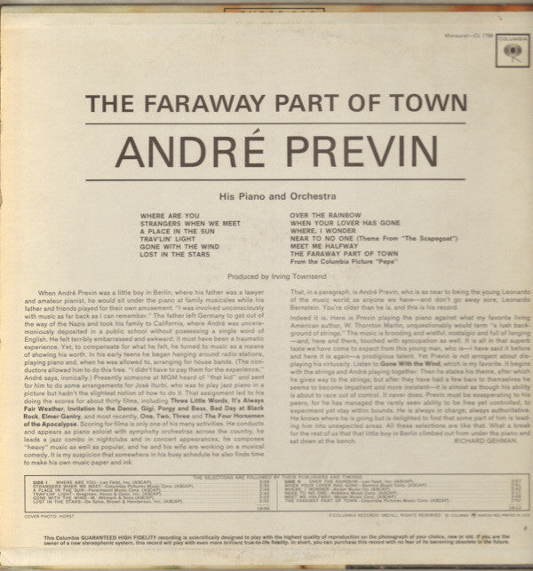 André Previn His Piano And Orchestra* : The Faraway Part Of Town (LP, Album, Mono)