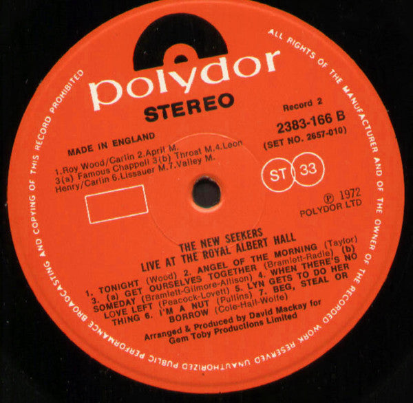 The New Seekers : Live At The Royal Albert Hall (2xLP, Album)