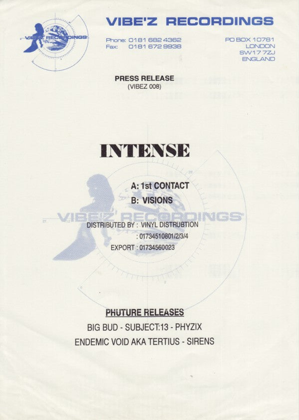 Intense : 1st Contact (12", Promo, W/Lbl)