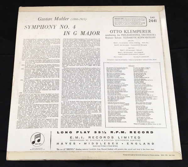 Gustav Mahler / Otto Klemperer / Philharmonia Orchestra, Elisabeth Schwarzkopf : Symphony No. 4 (LP)