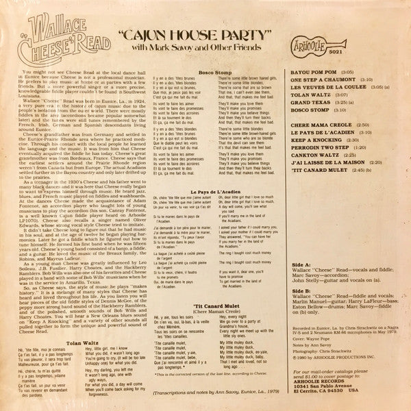 Wallace "Cheese" Read : Cajun House Party (LP)