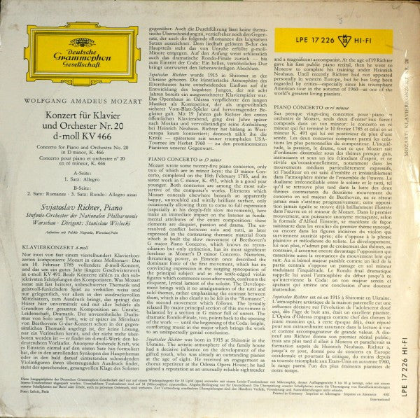 Mozart*, Sviatoslav Richter, Sinfonie-Orchester Der Nationalen Philharmonie Warschau*, Stanislaw Wislocki : Klavierkonzert Nr. 20 D - Moll / Piano Concerto No. 20 In D Minor (10", Mono, RP)