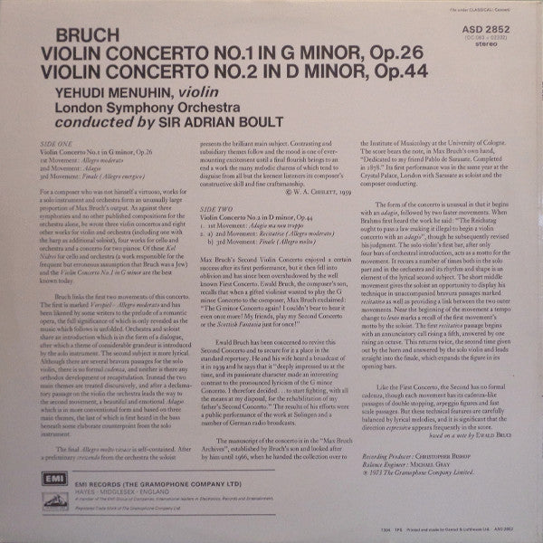 Max Bruch - Yehudi Menuhin, London Symphony Orchestra, Sir Adrian Boult : Violin Concertos Nos. 1 & 2 (LP, RP)