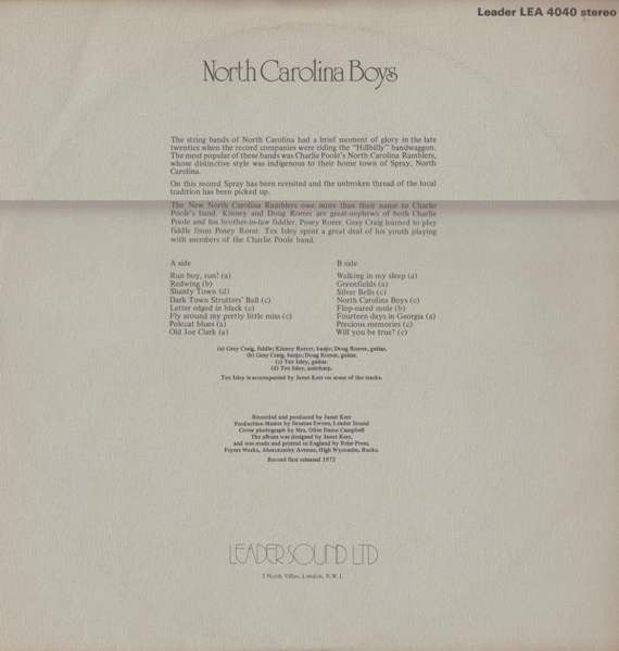 Tex Isley ,  Gray Craig & The New North Carolina Ramblers : North Carolina Boys (LP, Album, Blu)