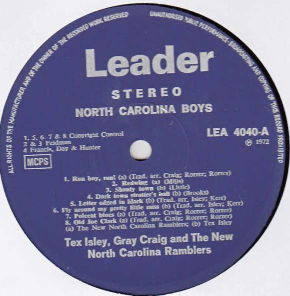 Tex Isley ,  Gray Craig & The New North Carolina Ramblers : North Carolina Boys (LP, Album, Blu)