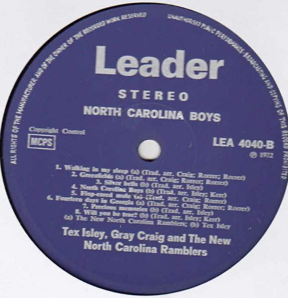 Tex Isley ,  Gray Craig & The New North Carolina Ramblers : North Carolina Boys (LP, Album, Blu)