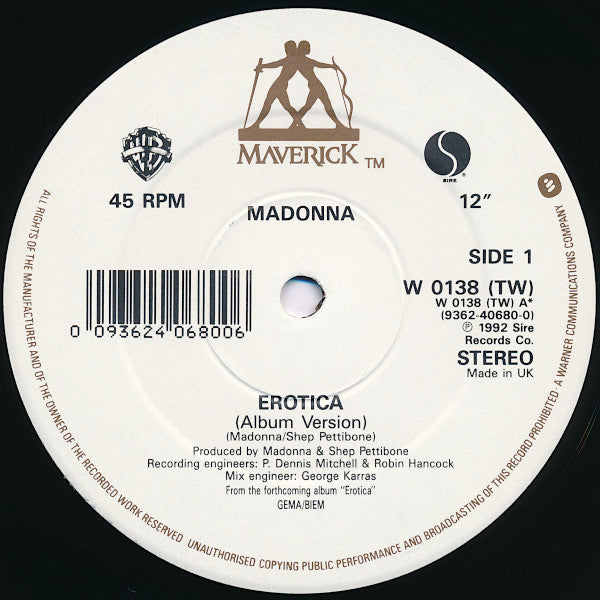 Madonna : Erotica (12", Single, Ltd, Pos)