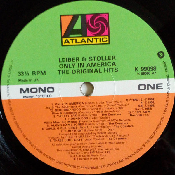 Leiber & Stoller : Only In America The Original Hits (2xLP, Comp, Mono)