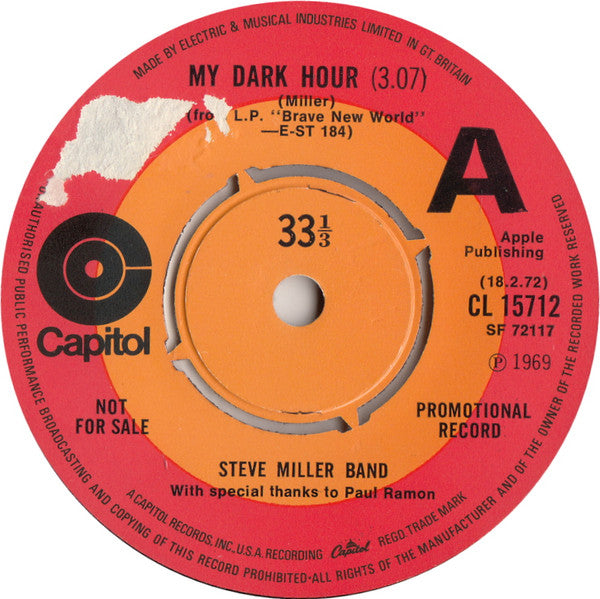 Steve Miller Band : My Dark Hour  (7", Single, Promo)