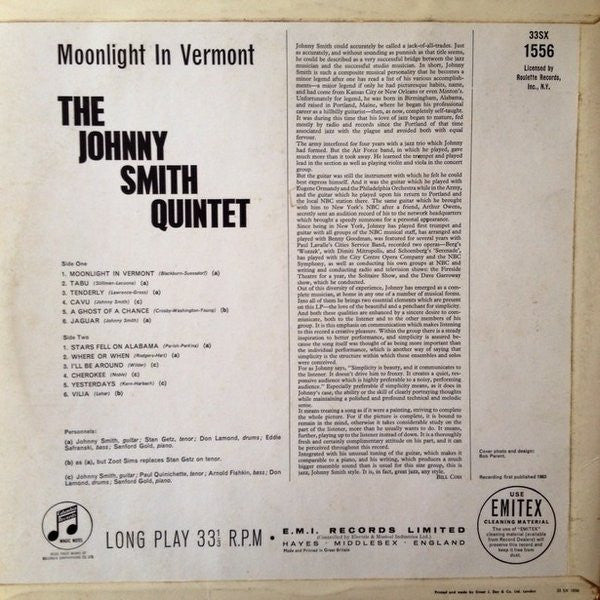 Johnny Smith Quintet Featuring Stan Getz : Moonlight In Vermont (LP, Album, Mono)