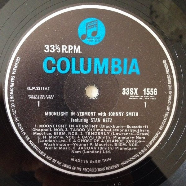 Johnny Smith Quintet Featuring Stan Getz : Moonlight In Vermont (LP, Album, Mono)