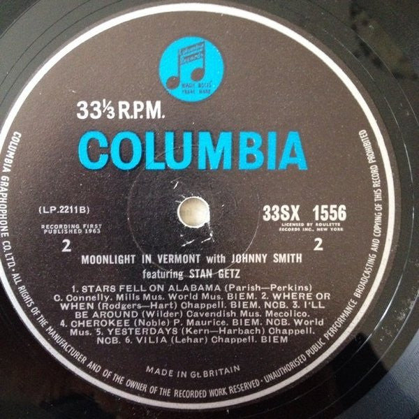 Johnny Smith Quintet Featuring Stan Getz : Moonlight In Vermont (LP, Album, Mono)