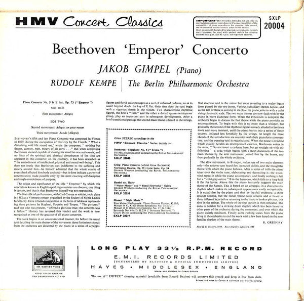 Beethoven*, Jakob Gimpel, Berlin Philharmonic Orchestra*, Rudolf Kempe : Emperor Concerto (LP, RE)