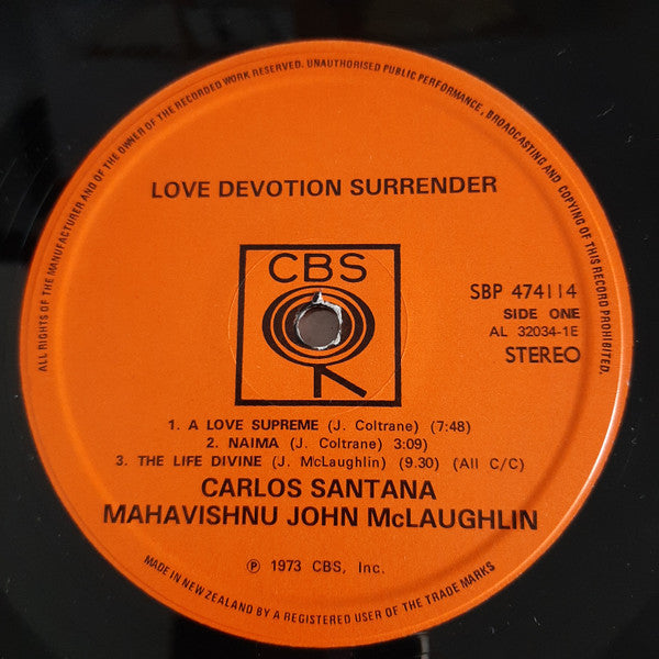 Carlos Santana / Mahavishnu John McLaughlin* : Love Devotion Surrender (LP, Album)