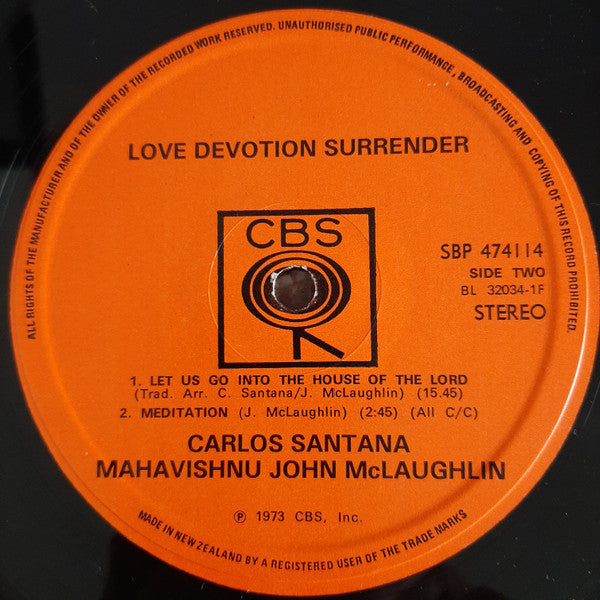 Carlos Santana / Mahavishnu John McLaughlin* : Love Devotion Surrender (LP, Album)