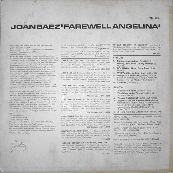 Joan Baez : Farewell Angelina (LP, Album, Mono)
