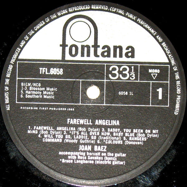 Joan Baez : Farewell Angelina (LP, Album, Mono)