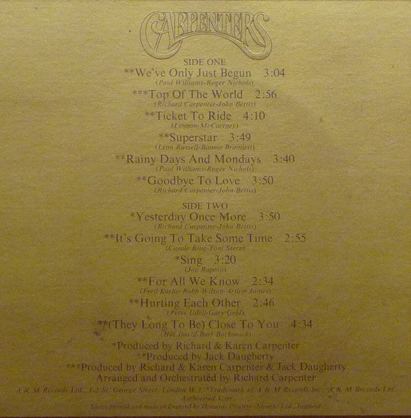 Carpenters : The Singles 1969-1973 (LP, Album, Comp, Gat)