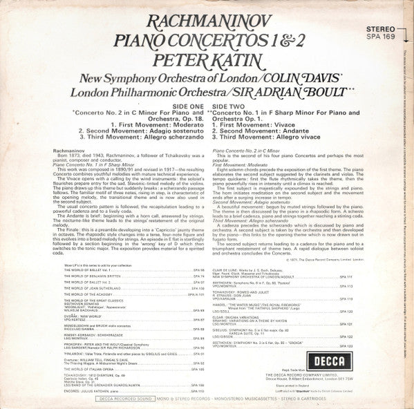 Sergei Rachmaninoff, Peter Katin : Piano Concertos 1 And 2 (LP, Comp, RE)