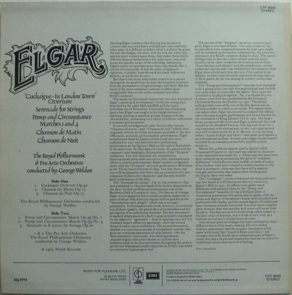 Elgar*, The Royal Philharmonic* & Pro Arte Orchestra, George Weldon : Cockaigne - In London Town Overture / Serenade For Strings / Pomp And Circumstance Marches 1 And 4 / Chanson De Matin / Chanson De Nuit (LP, Album, RE)