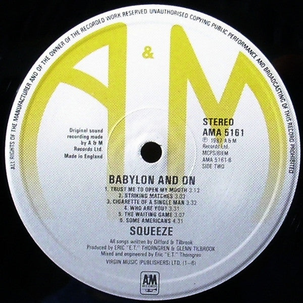 Squeeze (2) : Babylon And On (LP, Album, DMM)