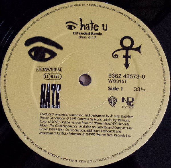 The Artist (Formerly Known As Prince) : I Hate U (The Hate Experience) (12", Maxi)