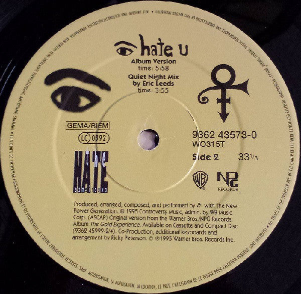 The Artist (Formerly Known As Prince) : I Hate U (The Hate Experience) (12", Maxi)